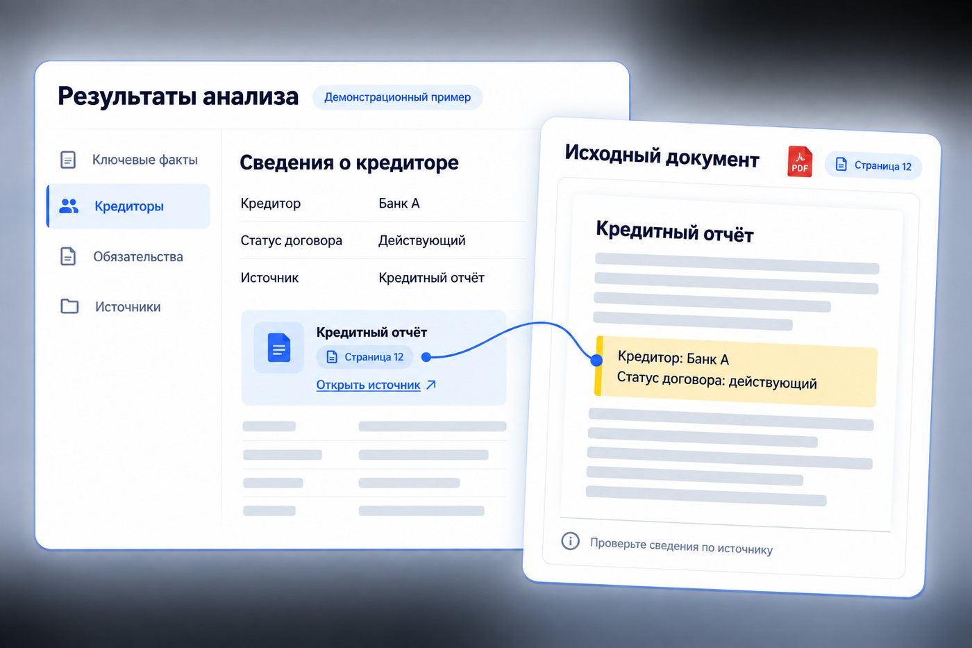 Сведения о кредиторе связаны с выделенным фрагментом кредитного отчёта